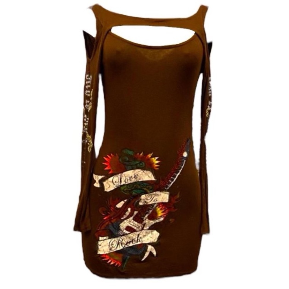 Vintage Tattoo Open Shoulder Mini Dress